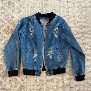 Fashion Nova Blue Distressed Denim Bomber Jacket